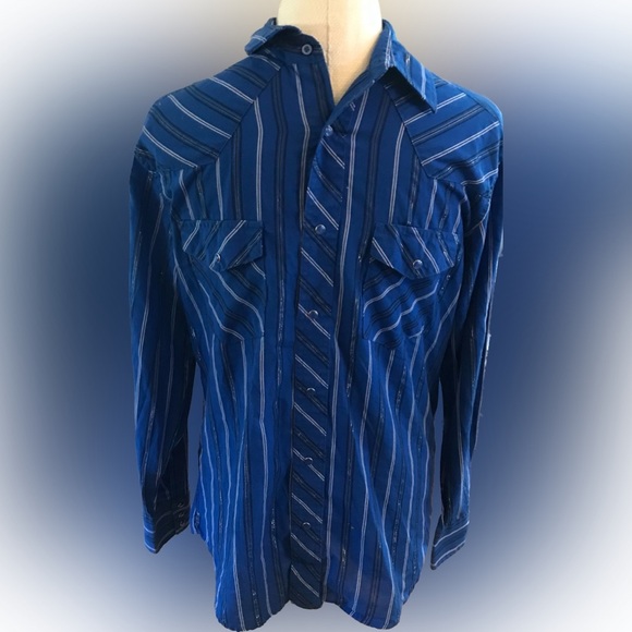Vintage Wrangler Western Dress Blue Pearl Snaps Long Sleeve Shirt - Picture 3 of 7